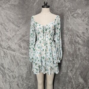 Crystal Doll Green Floral Mini Dress Lurex Spring Fairy Ethereal Tiered Sheer XS